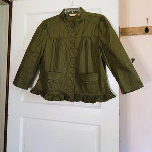 Motto Olive Green 3/4 Sleeve Crop Jacket with Ruffle Trim Size M